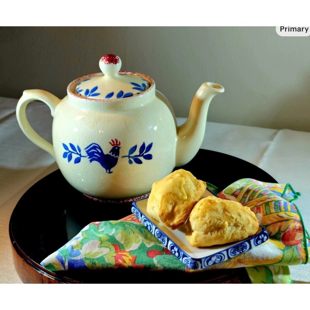 Price & Kensington Vtg English Teapot, hand-painted, blue rooster CottageCore